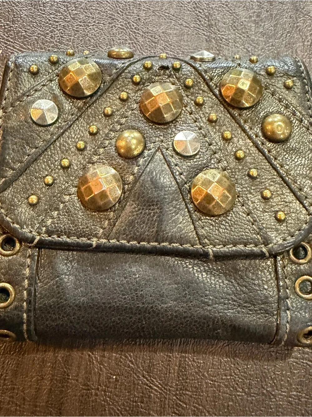 Vintage Betsey Johnson Studded Leather Trifold Wallet Olive Green
